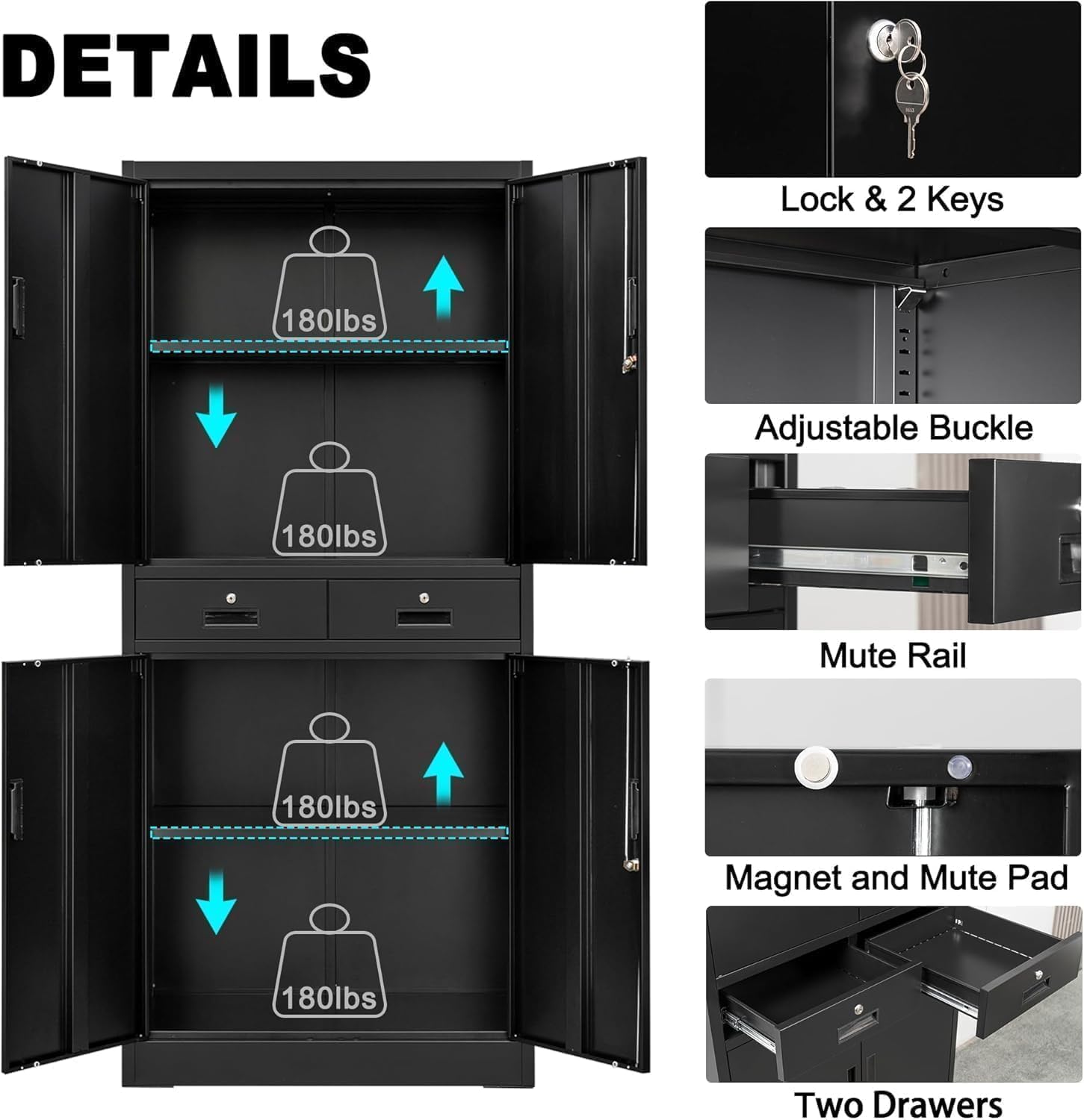 IDEALHOUSE 73'' Metal Storage Cabinet, Heavy Duty Garage Storage with Wheels, Locking Doors and 2 Drawers, Adjustable Shelves for Garage, Workshop, Office, Black