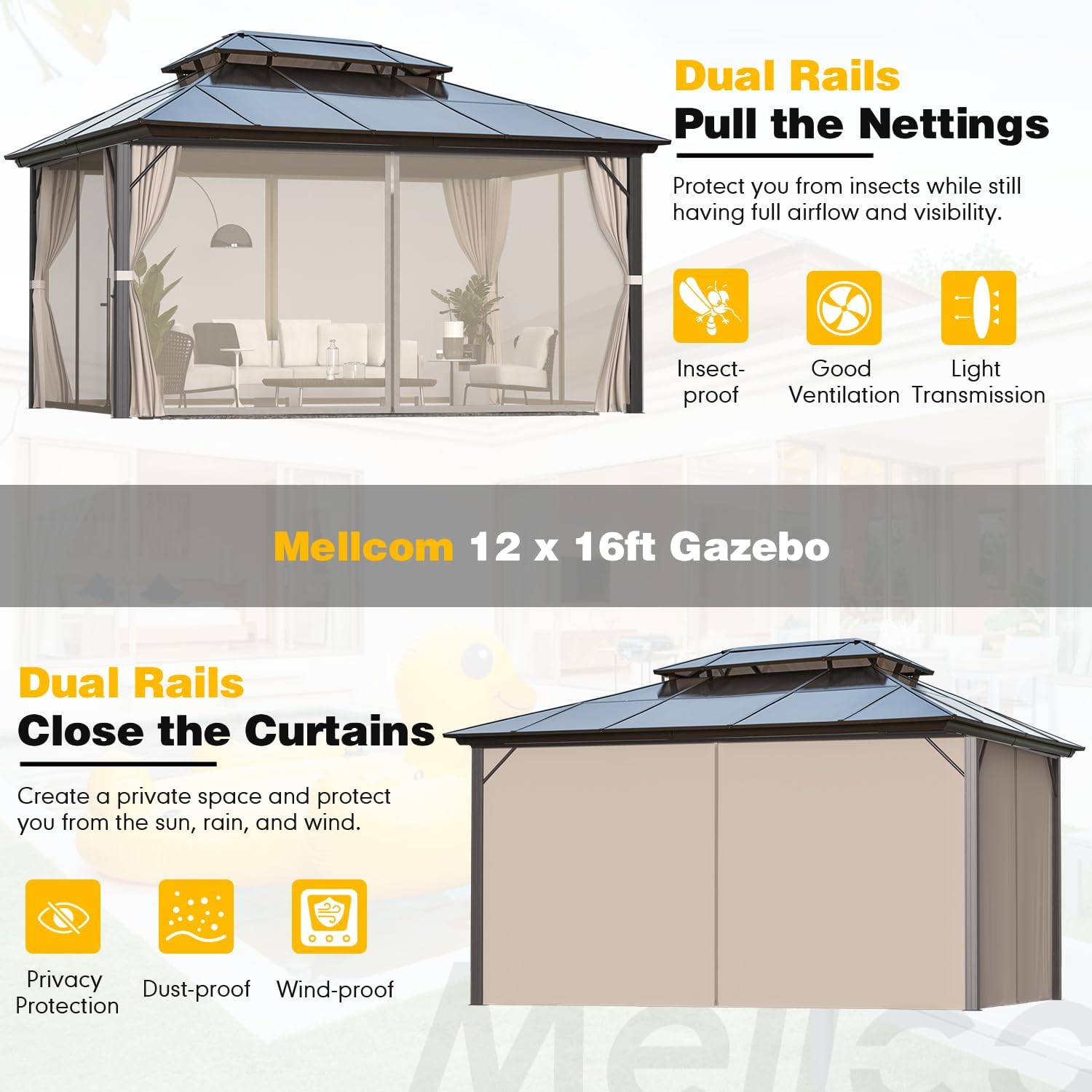MELLCOM 12'x16' Hardtop Gazebo with Polycarbonate Double Roof, Aluminum Frame Outdoor Gazebos with Curtains and Netting for Garden, Lawn and Patio