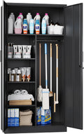 72' H Metal Garage Storage Cabinets, Lockable Broom Closet Cabinet with Hanging Rod & Doors, 5-Tier Steel Utility Cabinets for Garage, Laundry Room, Warehouse Storage, Black