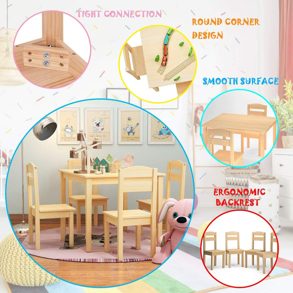 Nightcore Kids Wooden Table and 4 Chair Set, Activity Table Chair Set for 2 to 6 Years, Toddler Game, Playroom Furniture, Picnic Table w/Chairs, Solid Wood 5 Piece Dining Table Set (Natural)
