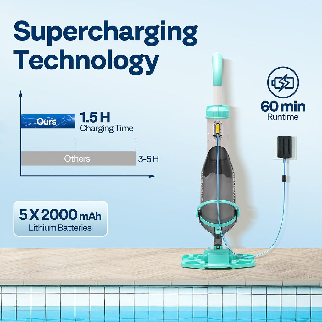 VIVOHOME Cordless Pool Vacuum with Telescopic Pole, Powerful Suction up to 18.5 GPM, 60 Mins Running Time, Handheld Rechargeable Swimming Pool Cleaner for Pools/Spas/Hot Tubs - Green