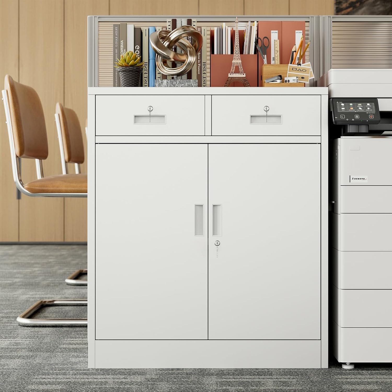 BESFUR Metal Garage Storage Cabinet with Two Lockable Drawers 2 Locking Doors and an Adjustable Shelf, 36' White Metal Short Storage Cabinet for Home Office, Garage,School,Utility Room