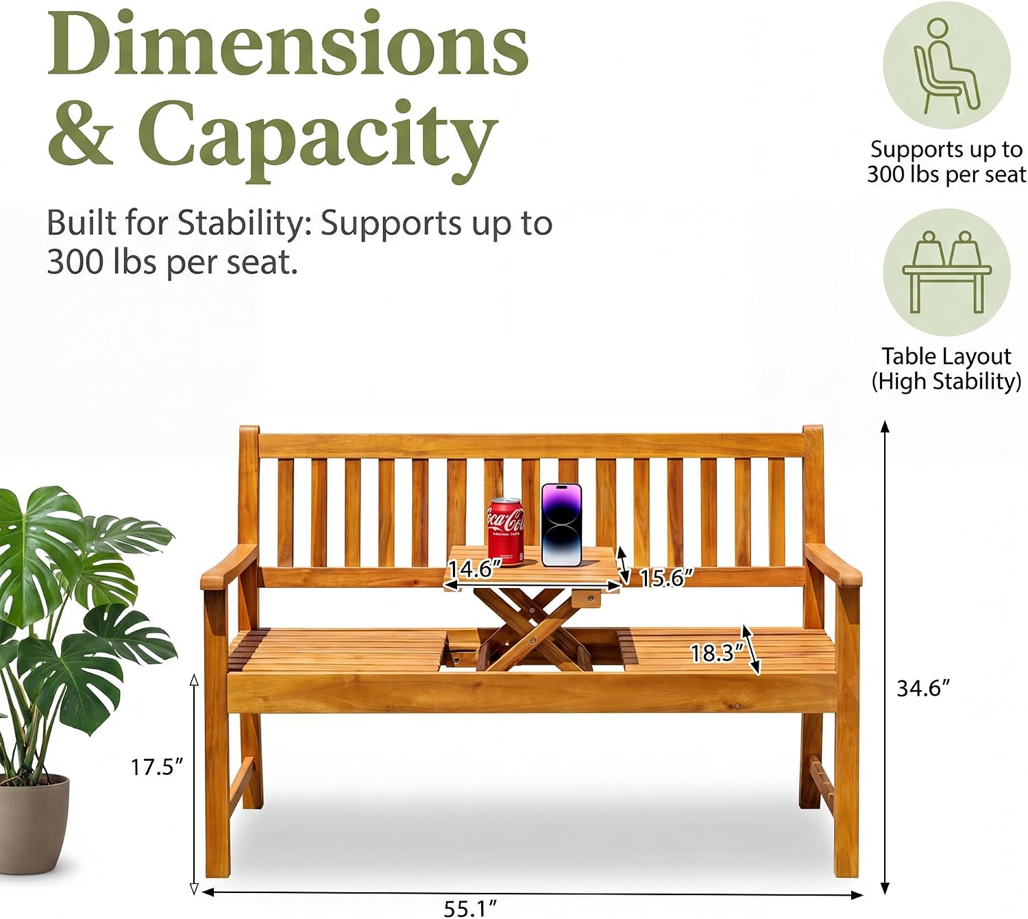 Devoko Outdoor Bench, 2-Person Garden Bench, Patio Wood Bench Outdoor Loveseat with Pull-Out Center Table for Backyard, Balcony and Patio and Garden (Log Color)