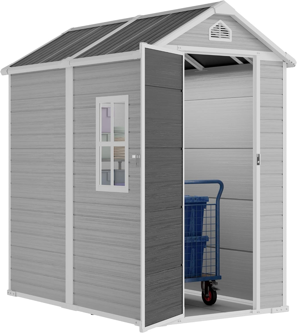 4x6 FT Outdoor Resin Storage Shed with Floor, Upgraded 21-Gauge Steel Frame & 16mm Ultra-Thick Double-Layer Panels, Compact Garden Tool House with Flexible Window & Lockable Door for Patio, Backyard