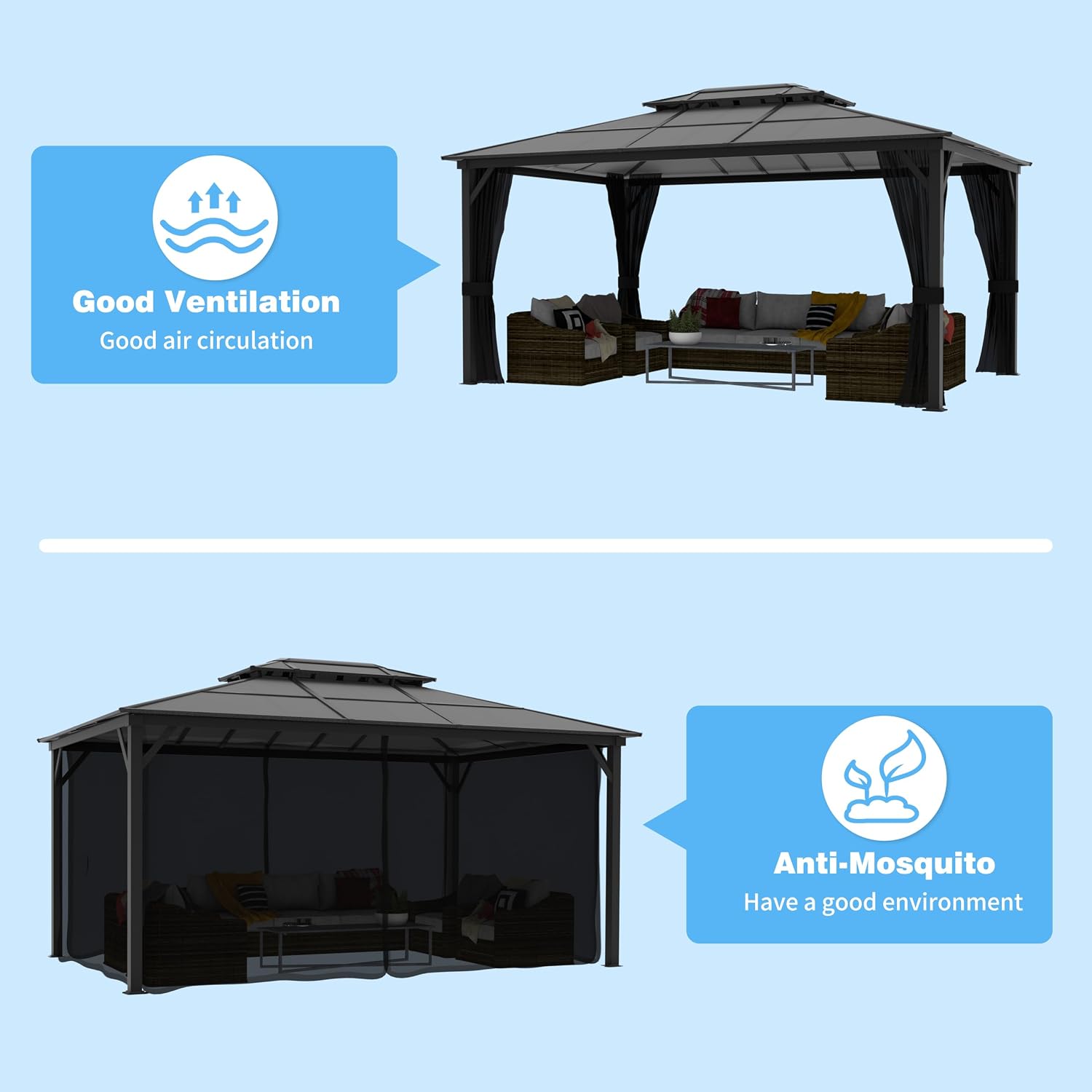 MUPATER Outdoor Gazebo, 12' x 16' Polycarbonate Hardtop with Aluminum Frame, Double Roof Patio with Insect Netting for Patios, Deck, Lawns and Gardens, Black