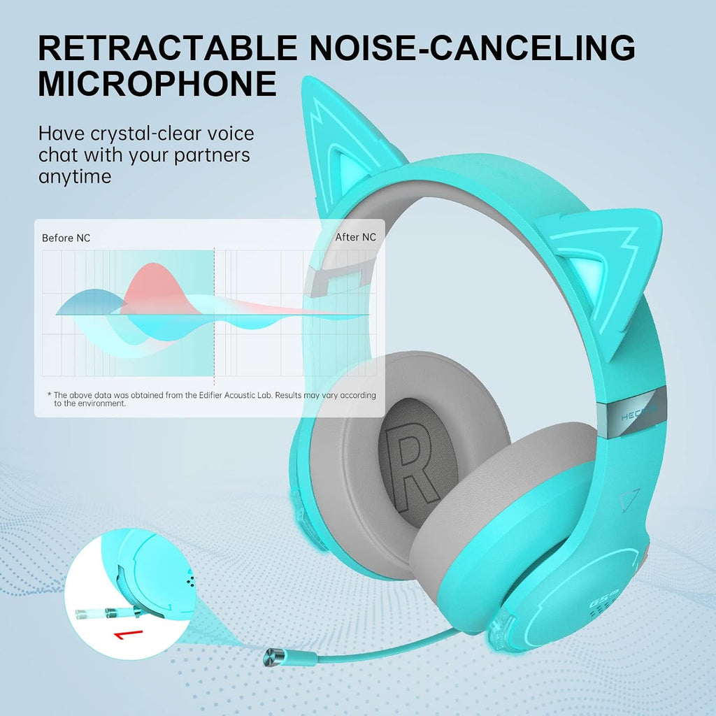 Edifier G5BT CAT Wireless Gaming Headset with Dual Mic, Bluetooth Gaming Headphones with Detachable Cat Ear for PC, PS5, PS4, Nintendo Switch, RGB Light - Turquoise