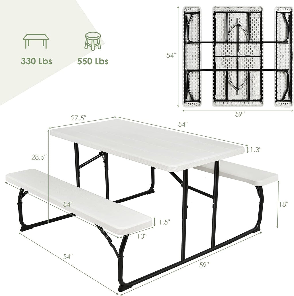 Giantex Folding Picnic Table Bench Set, Outdoor Dining Table Set, Large Camping Table for Patio Deck Lawn Garden Backyard Poolside, Portable Picnic Tables, Weather Resistant Metal Frame, White
