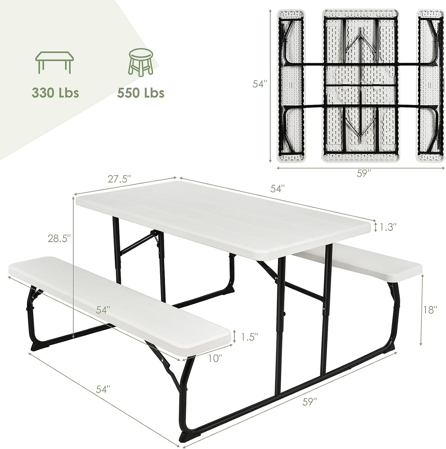Giantex Folding Picnic Table Bench Set, Outdoor Dining Table Set, Large Camping Table for Patio Deck Lawn Garden Backyard Poolside, Portable Picnic Tables, Weather Resistant Metal Frame, White