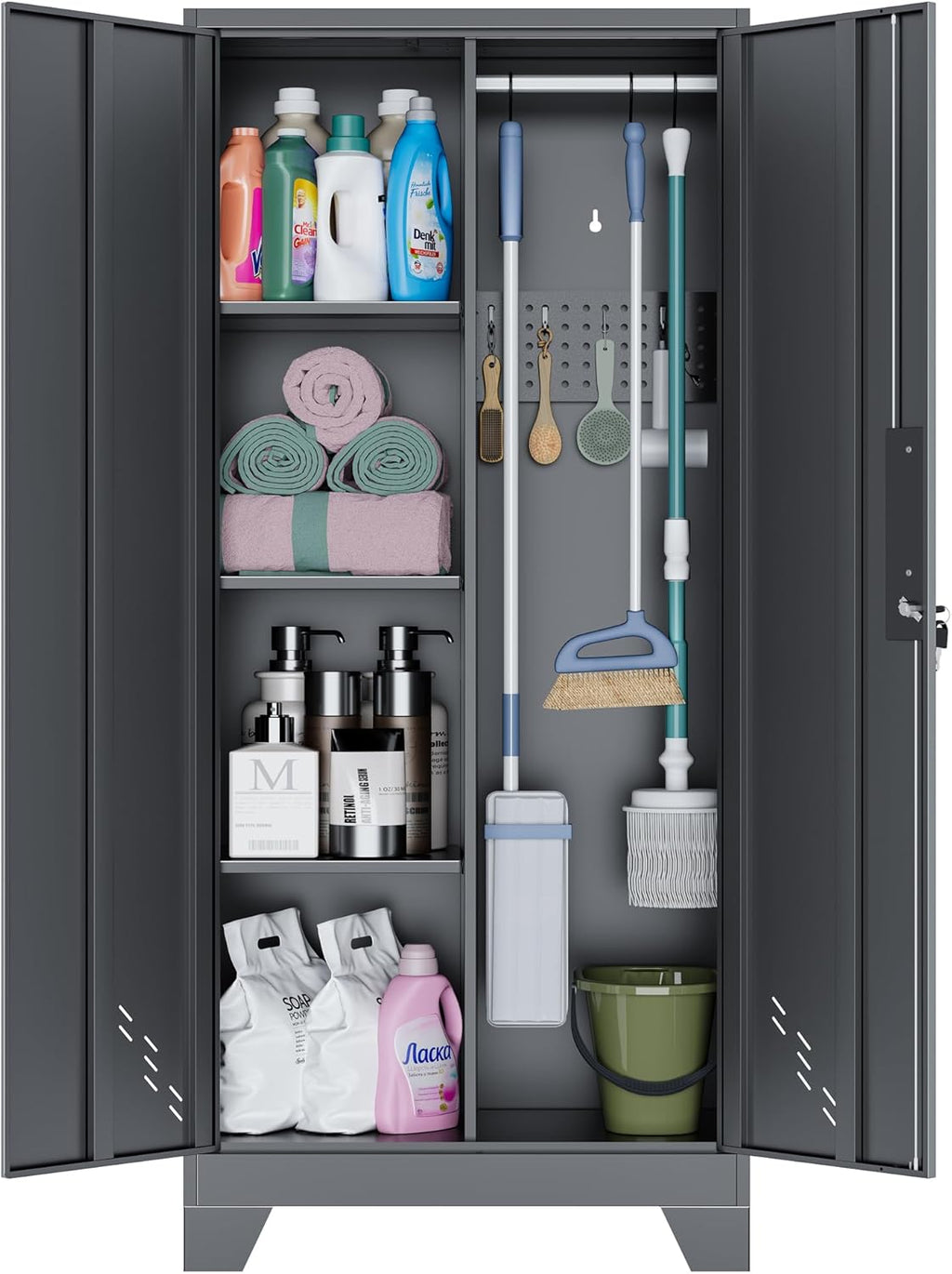 OSEILLC Metal Storage Cabinet with Locking Doors, 61' Tall Garage with Hanging Rod, Broom Closet, Freestanding Bathroom Storage Cabinet, Cleaning Tool,Utility Cabinets for Storage Locker,Black