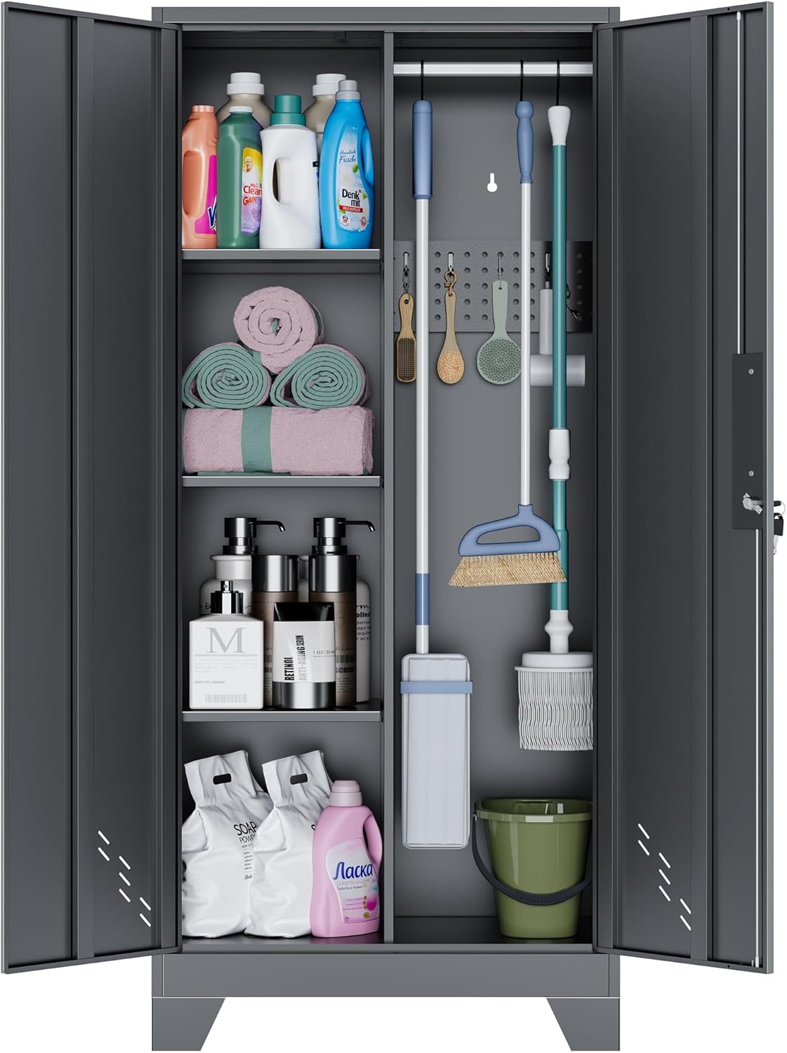 OSEILLC Metal Storage Cabinet with Locking Doors, 61' Tall Garage with Hanging Rod, Broom Closet, Freestanding Bathroom Storage Cabinet, Cleaning Tool,Utility Cabinets for Storage Locker,Black