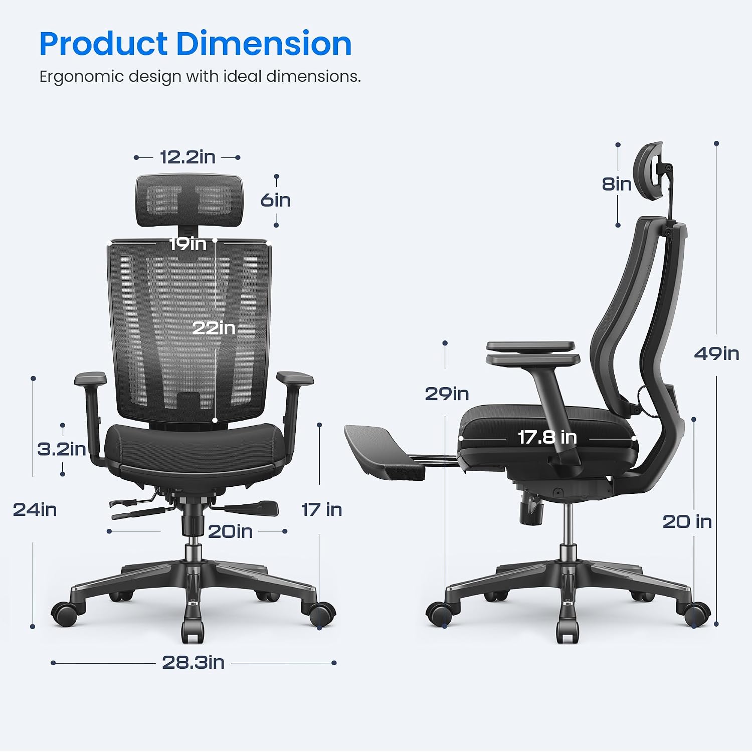 OdinLake L2 Ergo PRO 633 Ergonomic Office Chair with Footrest - Adjustable Seat Depth, 3D Armrests & Lumbar Support, Mesh High Back with Memory Foam Cushion, Gaming Chair with Headrest for Long Hours
