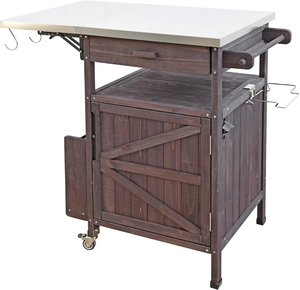 LUMISOL Outdoor Grill Cart with Stainless Steel Top, 40.5' Outdoor Rolling Kitchen Island with Drop Leaf, Drawer and Towel Rack, Outdoor Storage Cabinet with Lockable Wheels, Brown