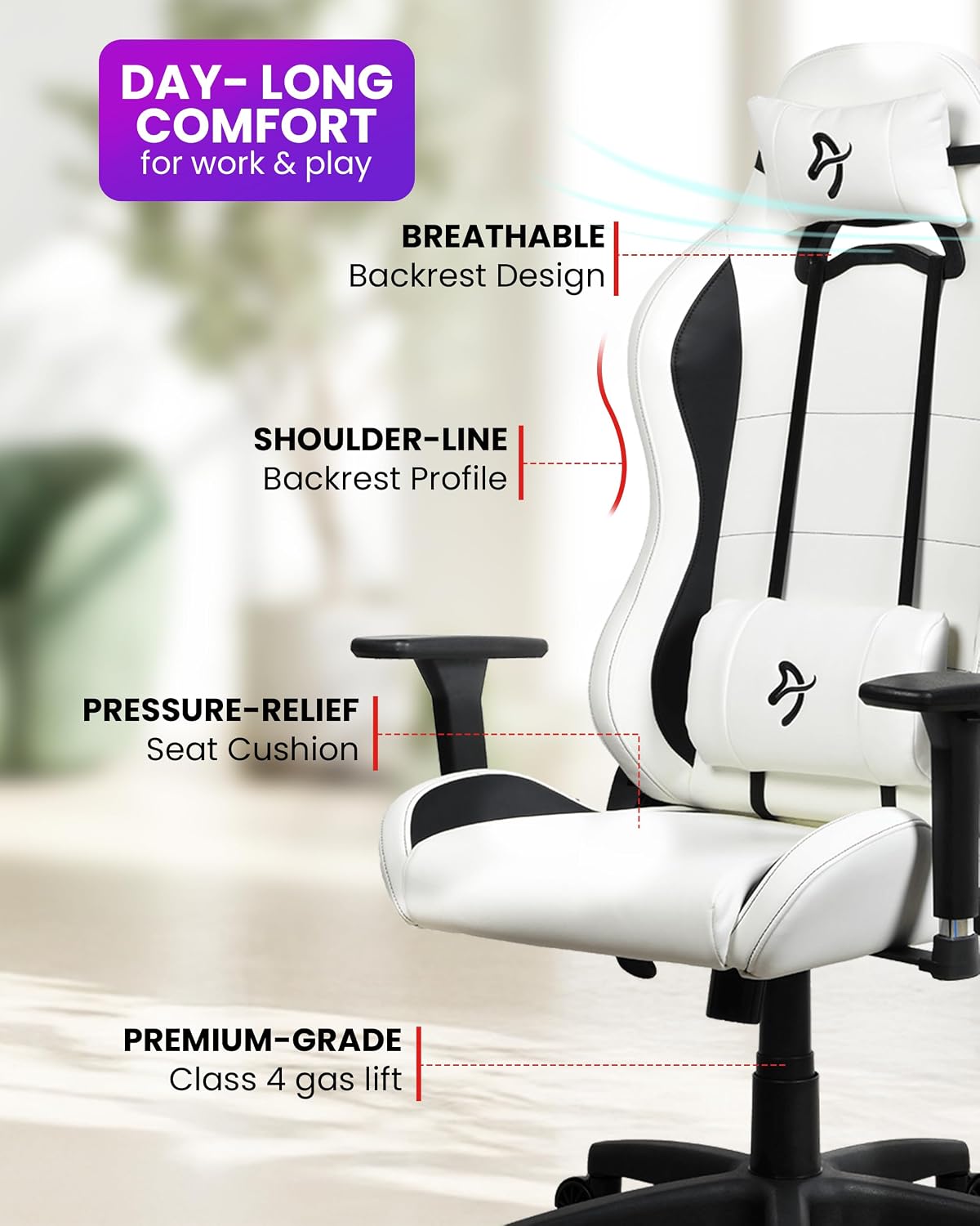 Arozzi Torretta Soft PU Leather Material Gaming Chair, Durable Ergonomic Office Chair with Adjustable Height, 3D Armrest & 2 Supportive Pillows (White)