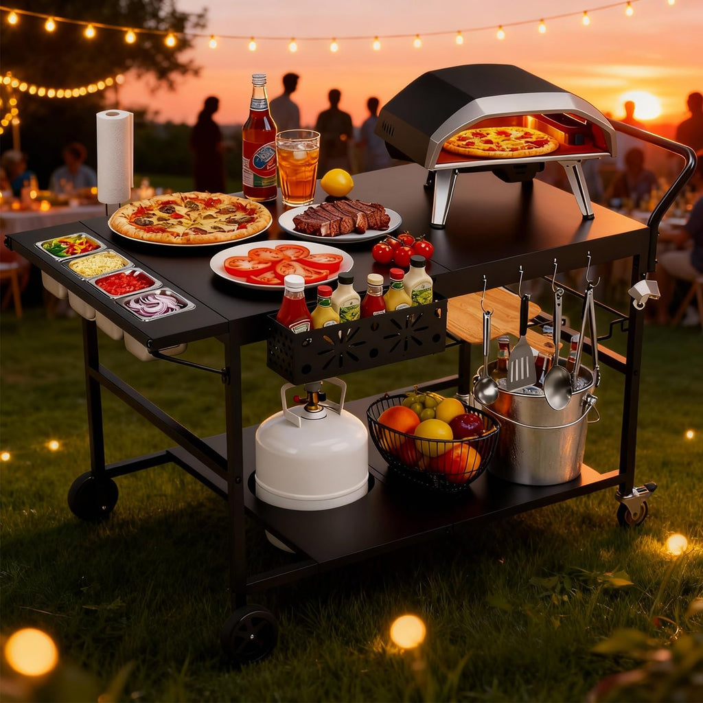 47' Outdoor Pizza Oven Table with Wheels, Pizza Oven Cart for Outside with Propane Tank Holder, Heavy Duty Pizza Oven Stand Prep Table for BBQ Patio Backyard Cooking