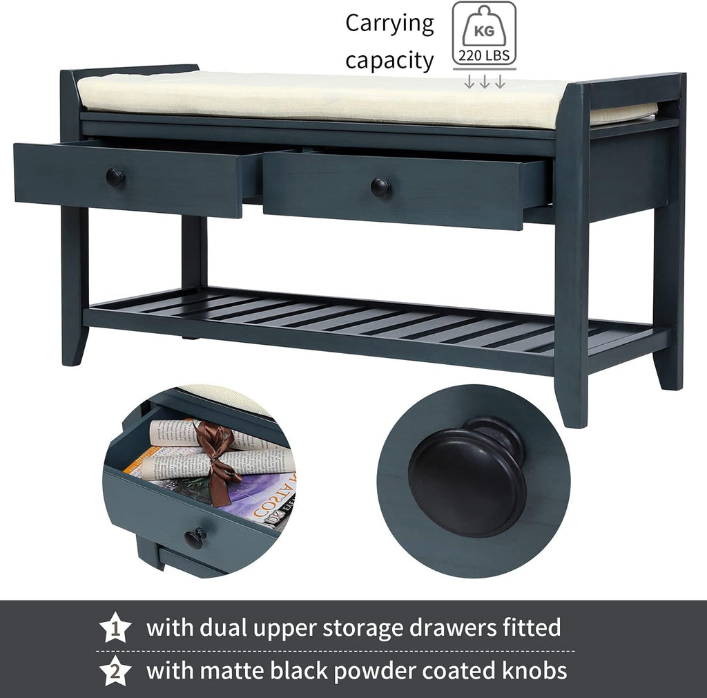 Harper & Bright Designs TREXM Shoe Rack with Cushioned Seat and Drawers, Multipurpose Entryway Storage Bench (Antique Navy)