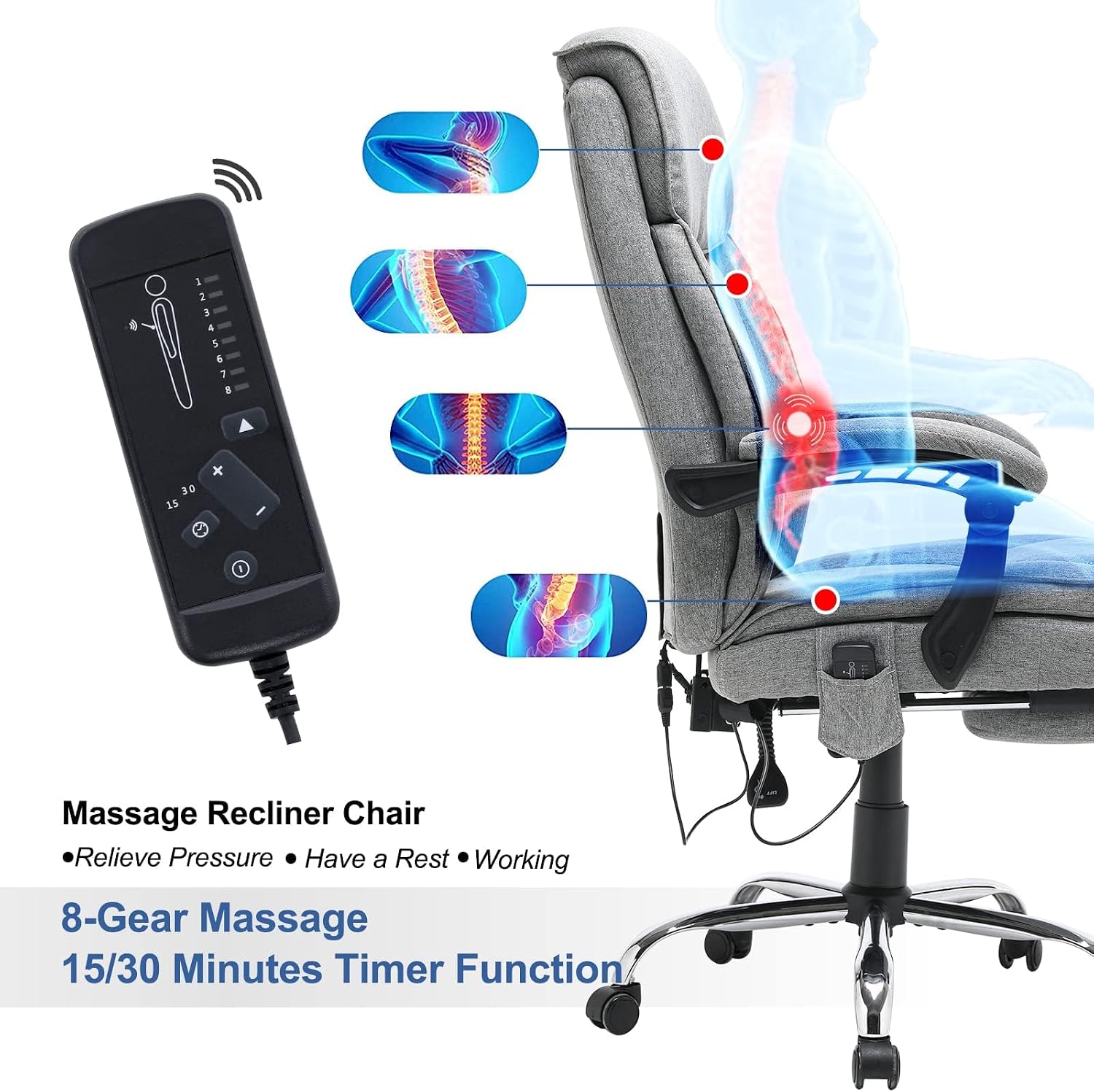 HOMREST Reclining Office Chair with 4-Point Massage, Breathable Fabric Executive Chair with Retractable Footrest, Ergonomic Computer Chair with High Back, Reclining Gaming Chair for Home, Grey