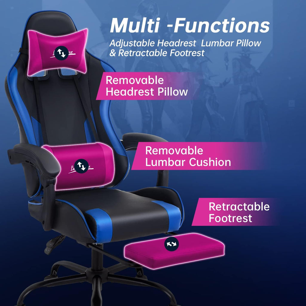 Gaming Chair Office Chair Desk Chair with Footrest Lumbar Support Headrest Armrest Task Rolling Swivel Ergonomic E-Sports Adjustable PC Gamer Chair (Blue)