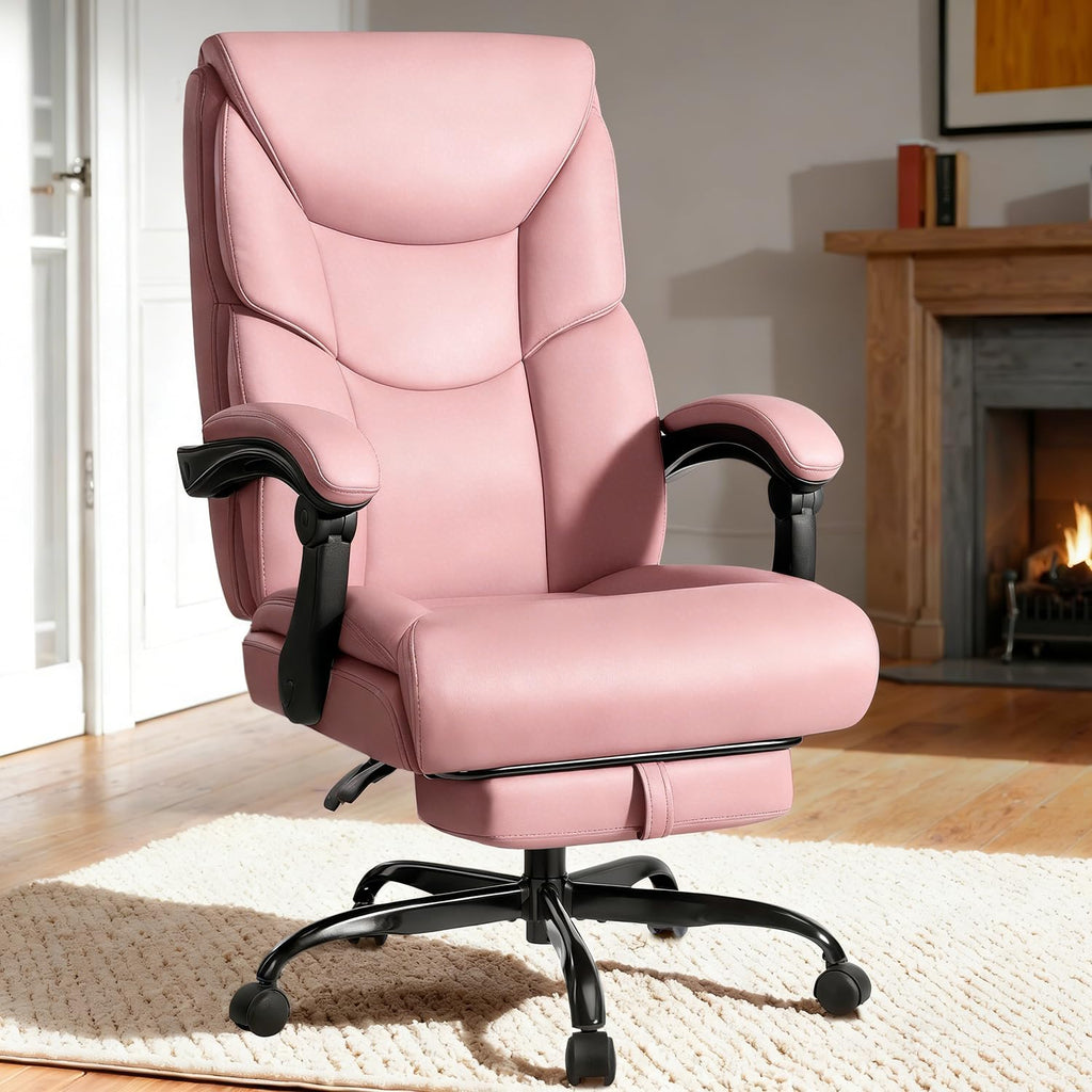 WAILOR 400lbs Office Chair with Foot Rest, Reclining Big and Tall Office Chair with Lumbar Support, High Back PU Leather Computer Chair,Comfy Desk Chair for Home Office (Pink)