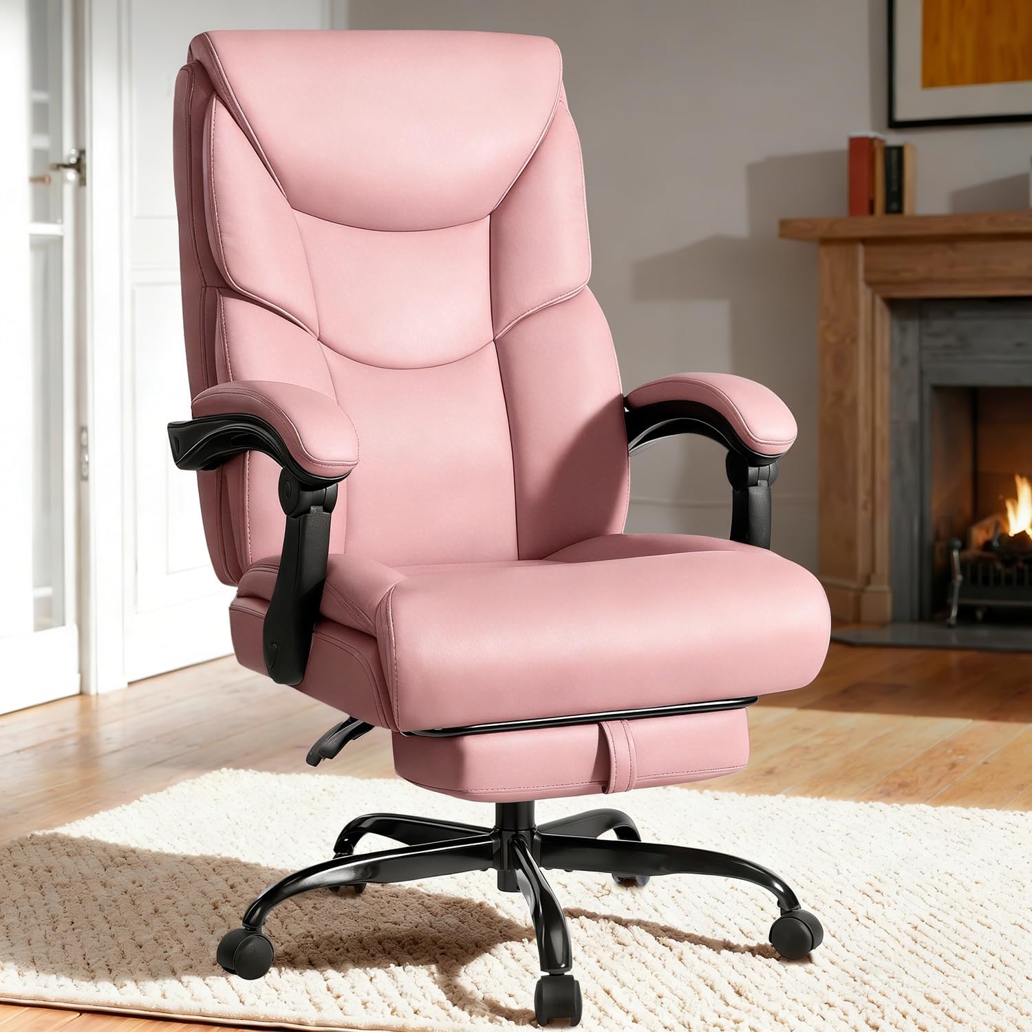 WAILOR 400lbs Office Chair with Foot Rest, Reclining Big and Tall Office Chair with Lumbar Support, High Back PU Leather Computer Chair,Comfy Desk Chair for Home Office (Pink)