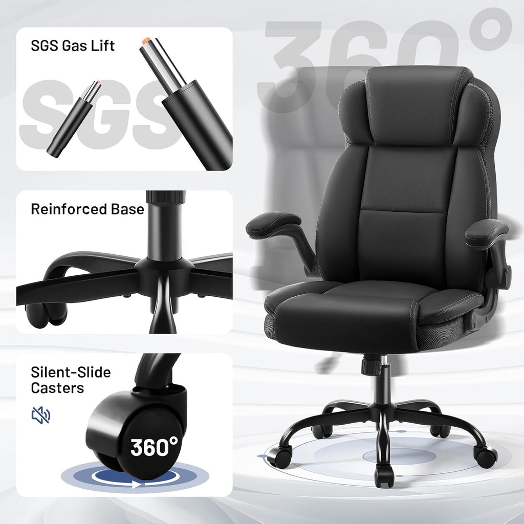 AreShark Ergonomic Office Chair with High Back Headrest,PU Leather Executive Desk Chair Padded Flip-Up Armrests,Lumbar Support,Swivel Computer Chair for Home Office & Gaming,Black