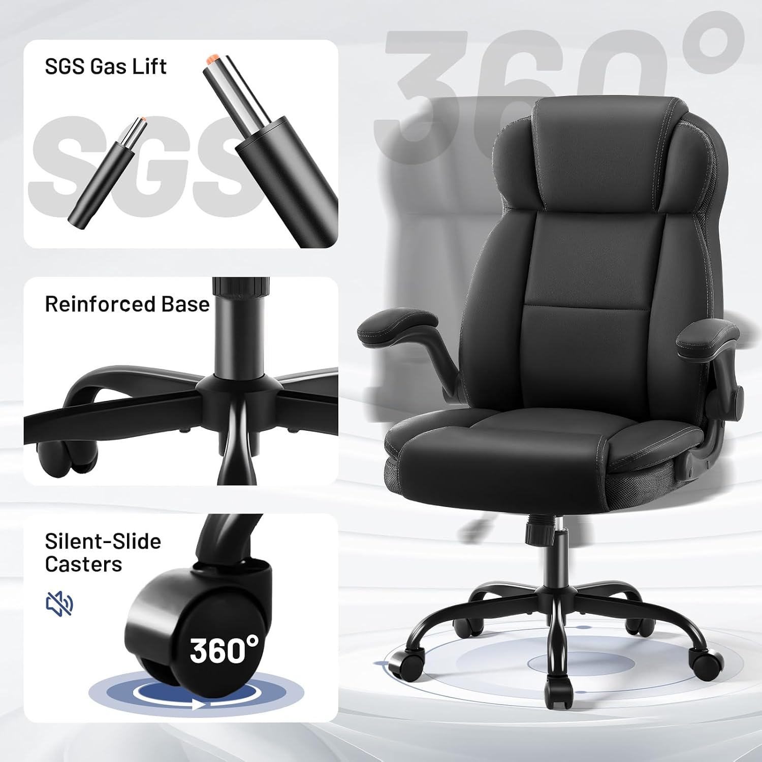 AreShark Ergonomic Office Chair with High Back Headrest,PU Leather Executive Desk Chair Padded Flip-Up Armrests,Lumbar Support,Swivel Computer Chair for Home Office & Gaming,Black