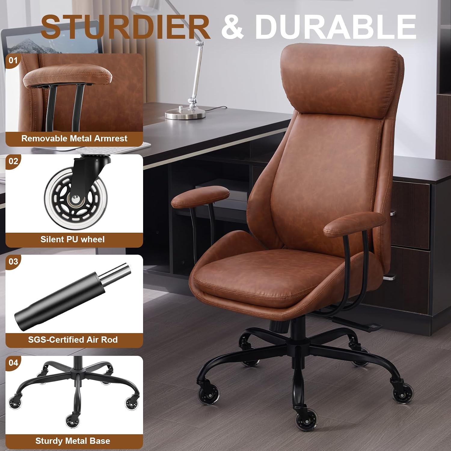 E-Motie Office Chair, Leather Desk Chair with Rubber Wheels, Ergonomic Computer Chair 500 LBS with Lumbar Support, High Back Executive Chair for Modern Home Office, Brown