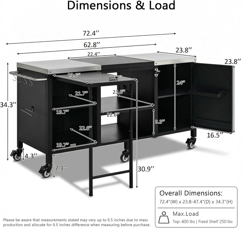 Merax 72.4' Large Grill Table for Large Big Green Egg, Metal Outdoor Grill Cart with Fold-Out Prep Table, Adjustable Shelves, Spice Rack, Outdoor Kitchen Island for Big Green Egg, Kamado Joe Classic