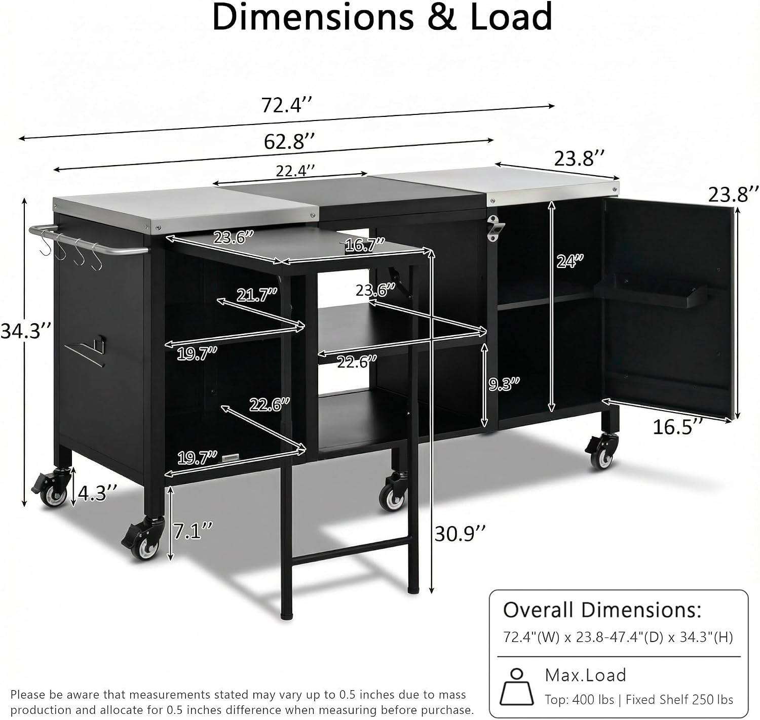 Merax 72.4' Large Grill Table for Large Big Green Egg, Metal Outdoor Grill Cart with Fold-Out Prep Table, Adjustable Shelves, Spice Rack, Outdoor Kitchen Island for Big Green Egg, Kamado Joe Classic