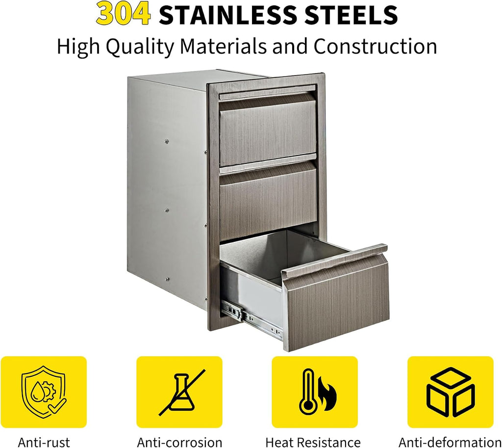 Outdoor Kitchen Cabinets Triple Kitchen Drawer for Outdoor Kitchen Island, 14.7' W Flush Mount Outdoor Cabinet for BBQ Grill Station, Heavy Duty Steel Cabinet for Outdoor Storage