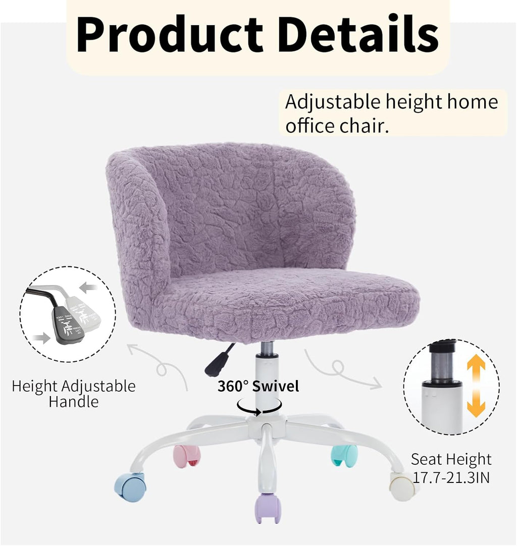 Shenyon Purple Faux Fur Vanity Chair, Adjustable Swivel Home Office Chair with Colorful Wheels and Metal Base, Cute Makeup Chair for Women, Teens & Girls(Purple)