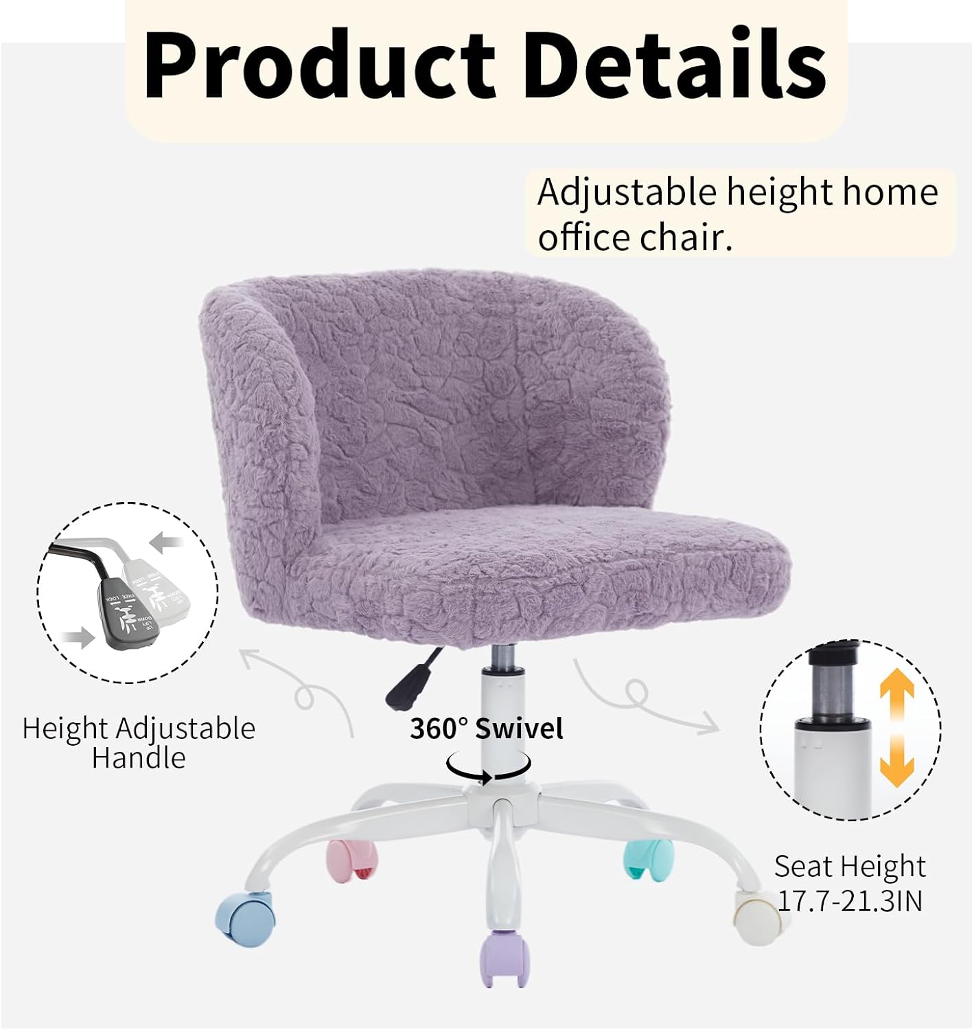 Shenyon Purple Faux Fur Vanity Chair, Adjustable Swivel Home Office Chair with Colorful Wheels and Metal Base, Cute Makeup Chair for Women, Teens & Girls(Purple)