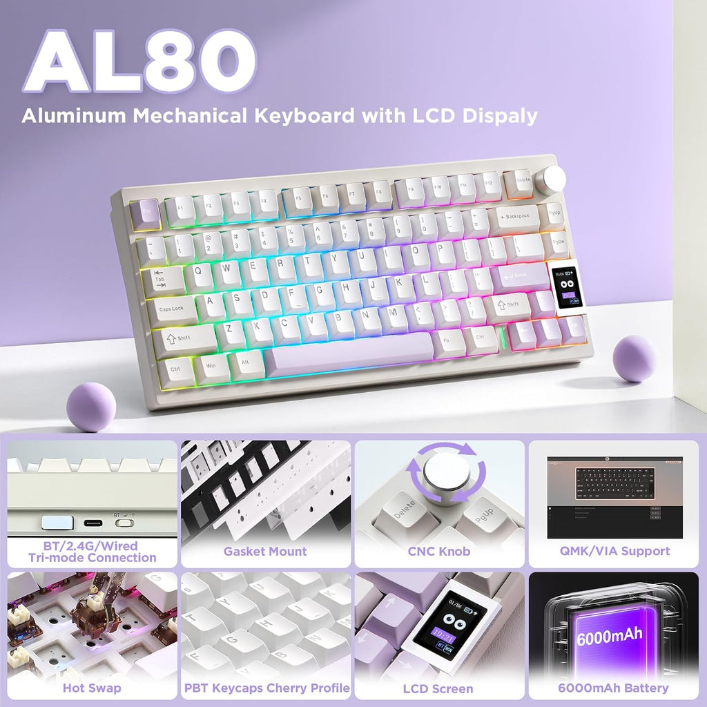 YUNZII AL80 Wireless Mechanical Keyboard,Full Aluminum CNC, Smart LCD Display,Hot Swappable Gasket Mount 75% Layout with Knob,BT/2.4G/USB-C,QMK/VIA Support for Win/Mac (Beige, Gateron Zero Switch)