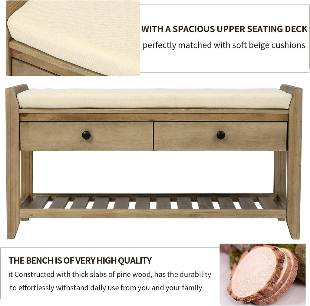 Harper & Bright Designs TREXM Shoe Rack with Cushioned Seat and Drawers, Multipurpose Entryway Storage Bench (Gray Wash)