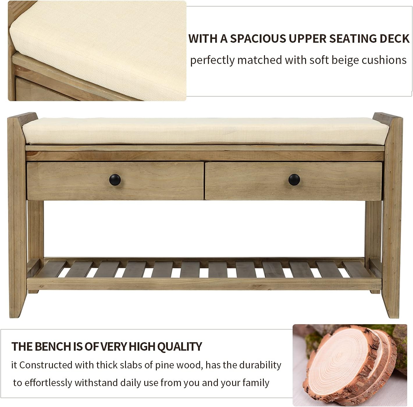 Harper & Bright Designs TREXM Shoe Rack with Cushioned Seat and Drawers, Multipurpose Entryway Storage Bench (Gray Wash)