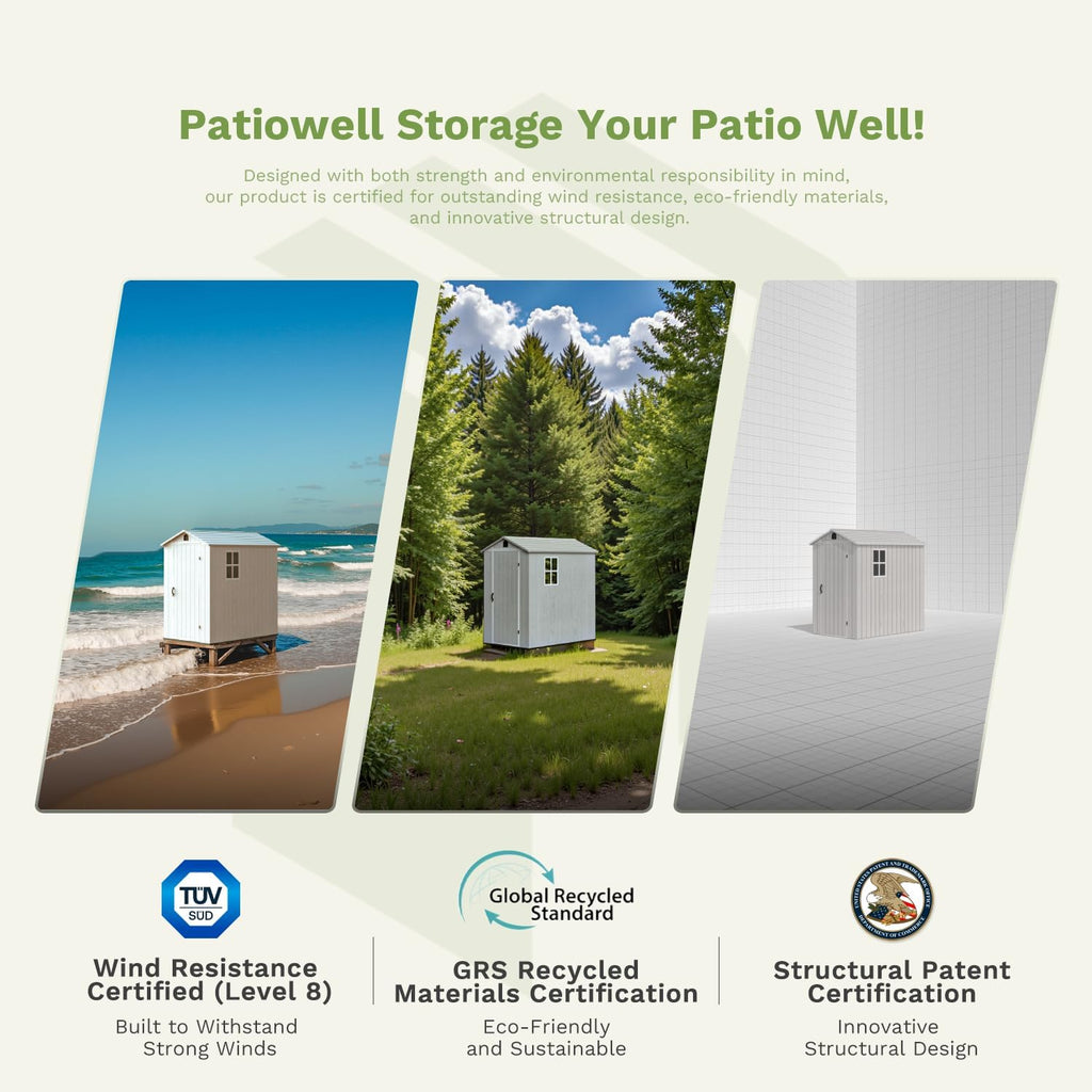 Patiowell 4 x 4 FT Plastic Outdoor Storage Shed with Floor, Garden Tool Shed with Two Windows and Single Lockable Door for Garden, Backyard, Lawn, Easy to Install, Light Grey