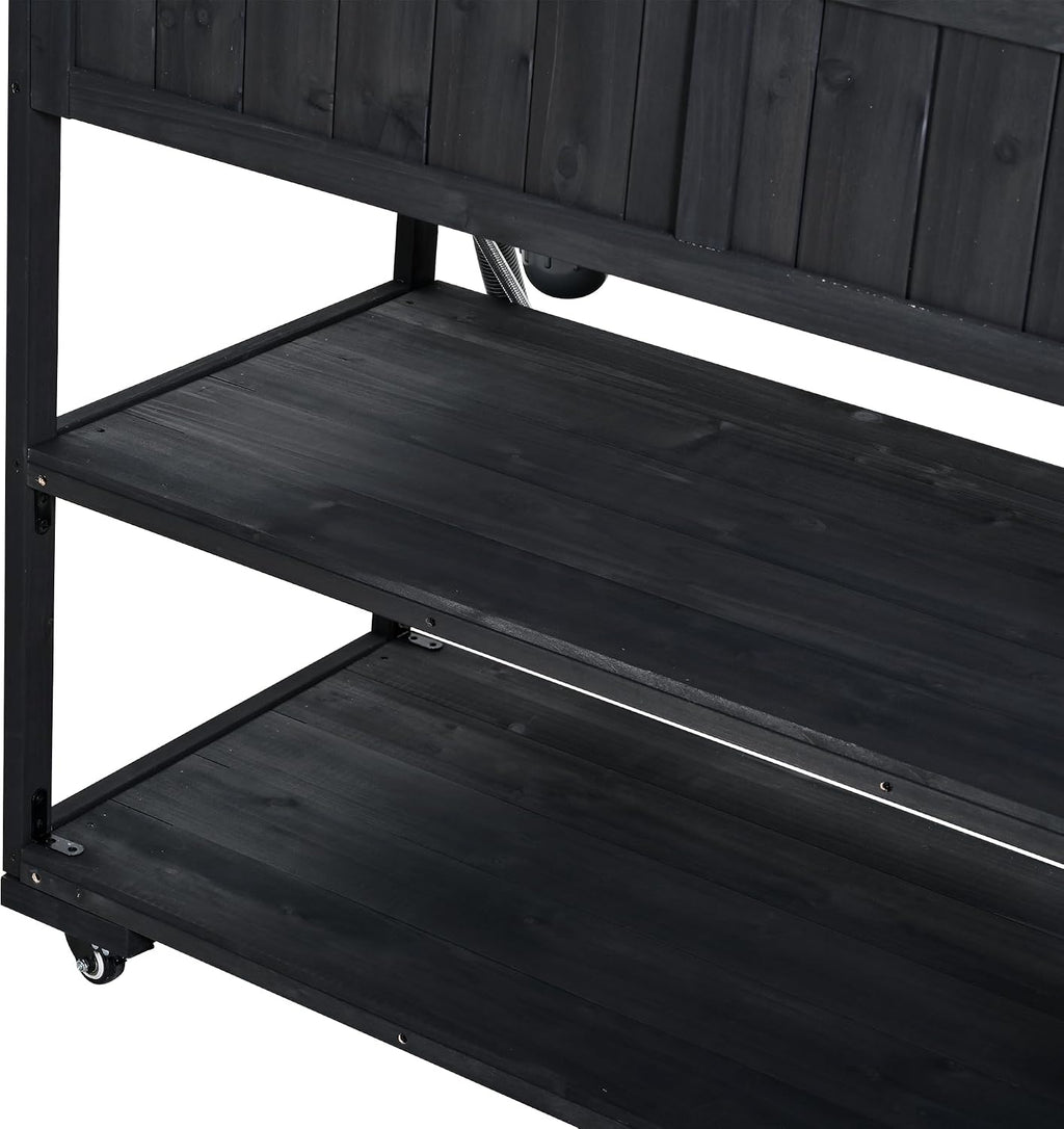 41.7'' Large Patio Rolling Kitchen Island Solid Wood Kitchen Cart with Sink, Garden Potting Bench with Stainless Table Top, 2 Movable Shelves and 1 Bottle Opener (Black-41.7'')