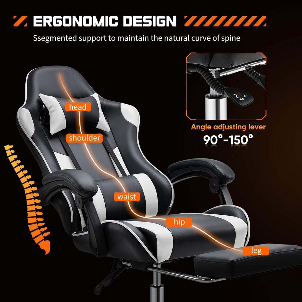 Heavy Duty Gaming Chair, Ergonomic Gamer Chair for Home Office with Footrest, Lumbar Support, Adjustable Backrest, Stable 360° Swivel Wheels for Adults, Professional Gamers and Teens, White