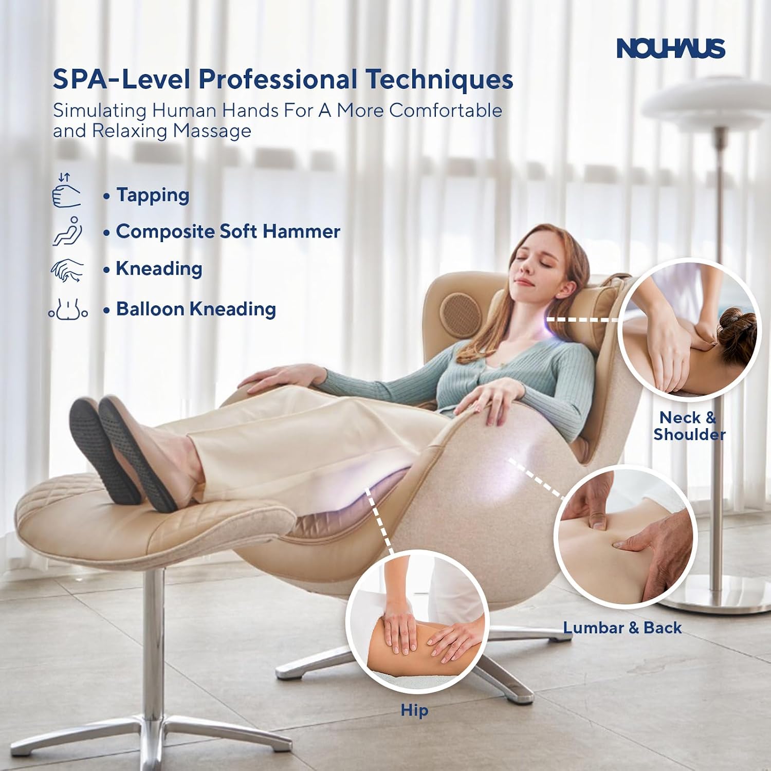 Nouhaus Classic Massage Chair with Ottoman – Mellow Sand Leather Recliner with Percussive Shiatsu Massager, Built-in Speaker & Full Body Spot Massage – Ultimate Comfort for Home & Office