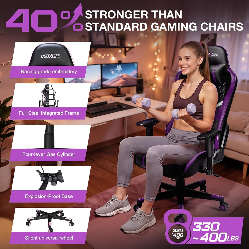 Douxlife 7-Point Massage Gaming Chair with Footrest, 400lbs Heavy Duty Ergonomic Computer Chair, 175° Reclining High Back Racing Seat for Adults with Adjustable Armrests & Lumbar Support, Purple