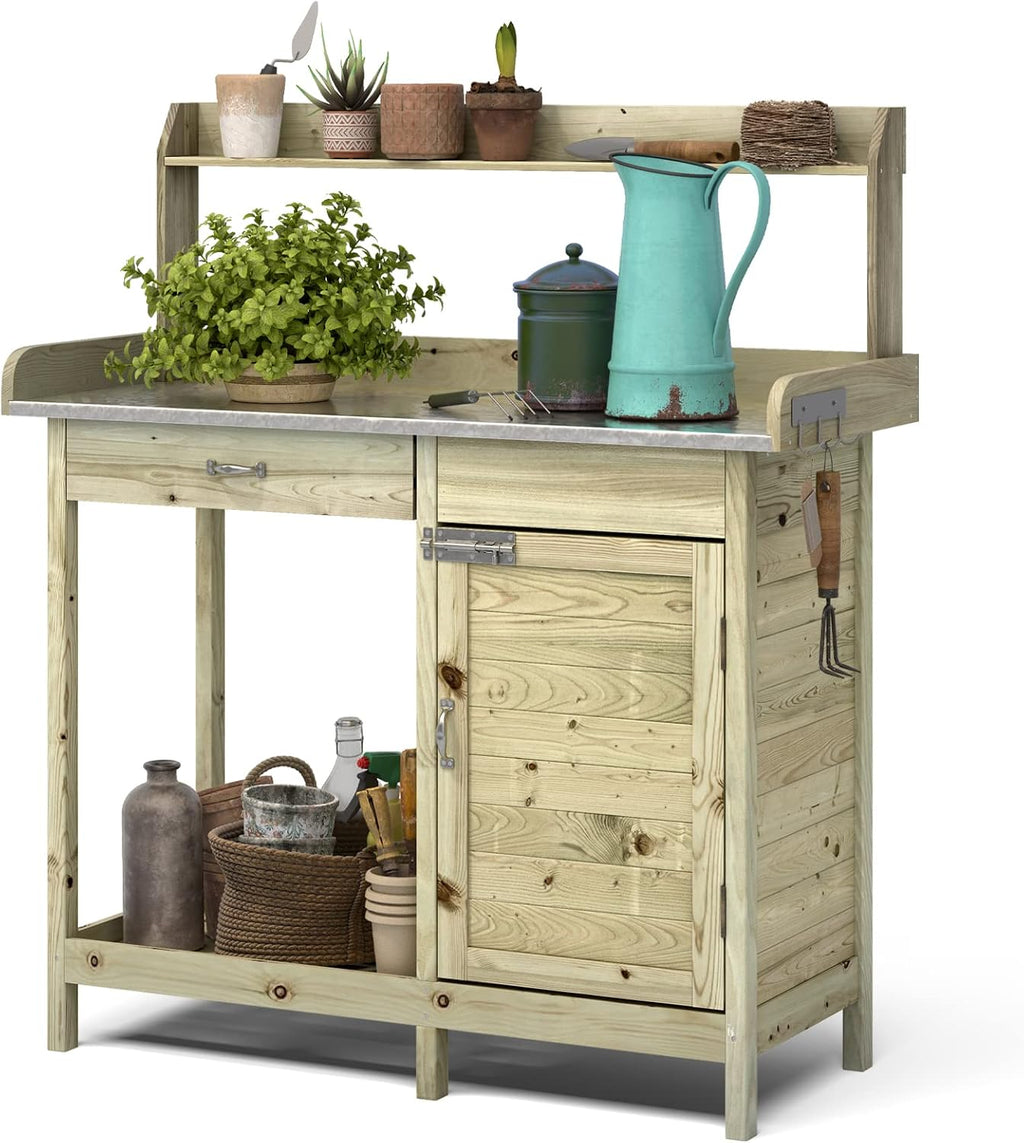 ARNOT Potting Bench,Outdoor Potting Bench Table with Sink and Storage Shelves, Wooden Garden Workstation for Gardening Tools, Planting, and Repotting – Natural Fir Wood (44' x 18' x 49.5')