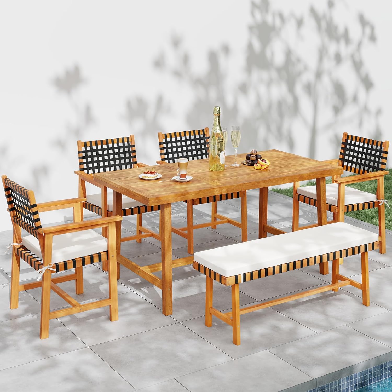 Tangkula 6 Piece Patio Dining Set for 5-6 People, 63' Outdoor Acacia Wood Table with 1.97' Umbrella Hole & Bench & 4 Cushioned Armchairs, for Deck Yard and Poolside