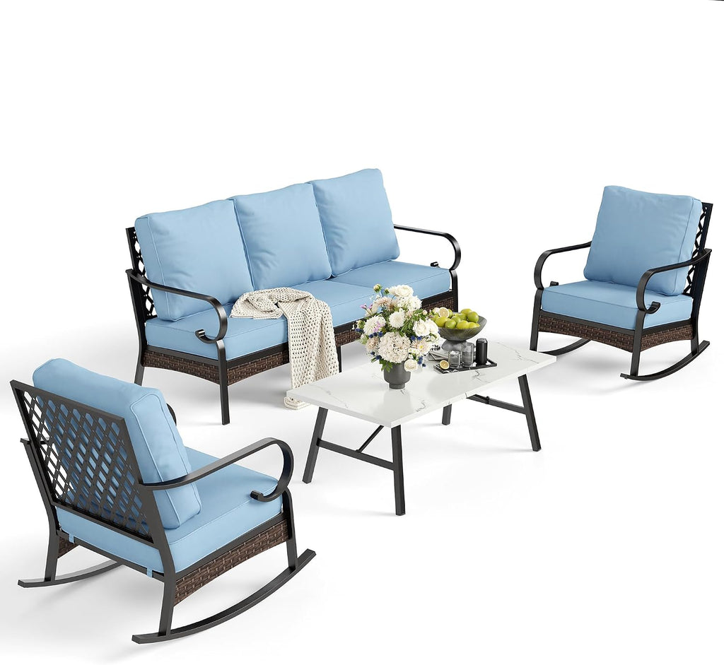 SUNSHINE VALLEY 4 PCS Metal Outdoor Patio Furniture Set, Patio Conversation Sets 1 3-Seater Sofa, 2 Rocking Chairs with 5.75' Extra Thick Cushion & Coffee Table, Black Frame Backyard Furniture, Blue