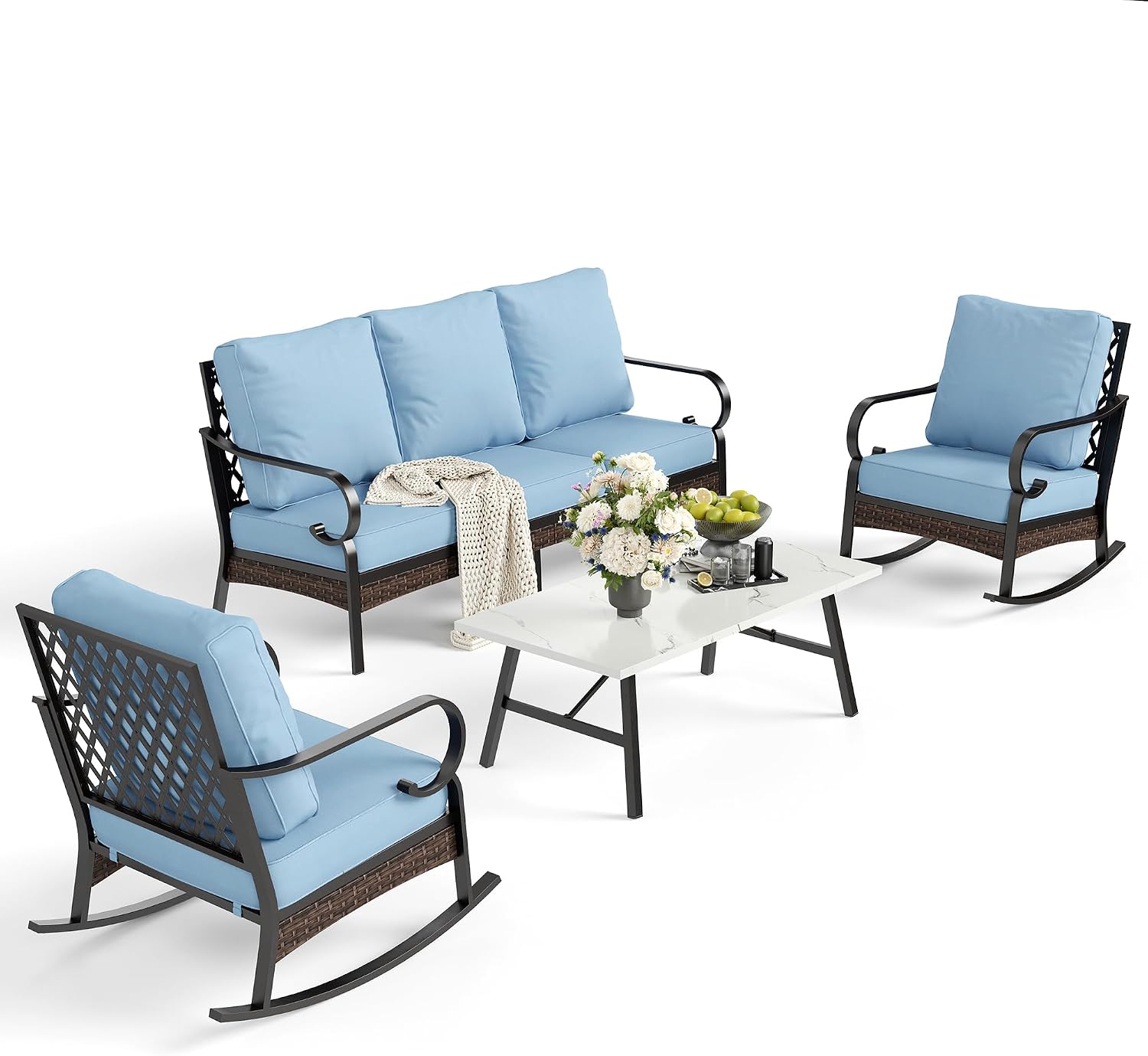 SUNSHINE VALLEY 4 PCS Metal Outdoor Patio Furniture Set, Patio Conversation Sets 1 3-Seater Sofa, 2 Rocking Chairs with 5.75' Extra Thick Cushion & Coffee Table, Black Frame Backyard Furniture, Blue