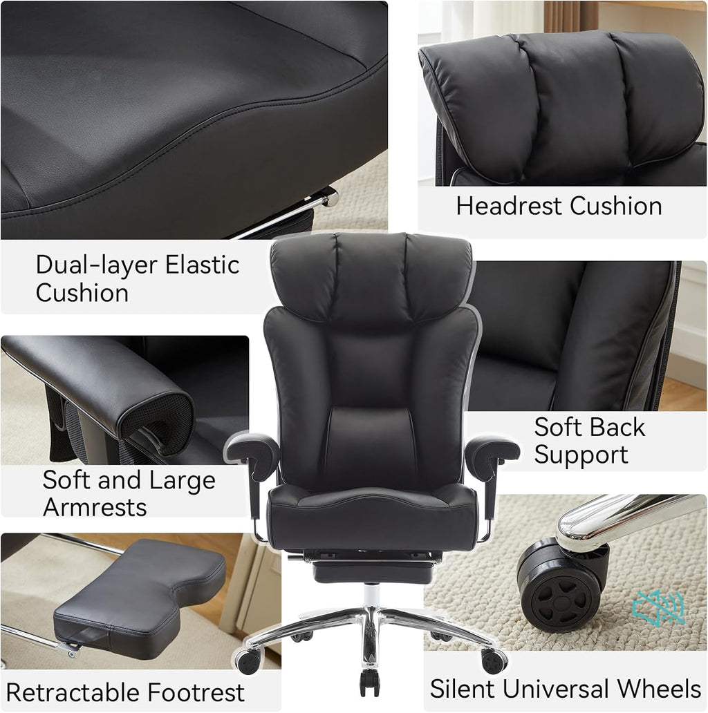 Efomao Big and Tall Office Chair with Footrest, 450lbs High Back Executive Chair with Spring Cushion, PU Leather Upholstery, Padded Armrests, Swivel Base, and Rolling Wheels – Black Computer Chair