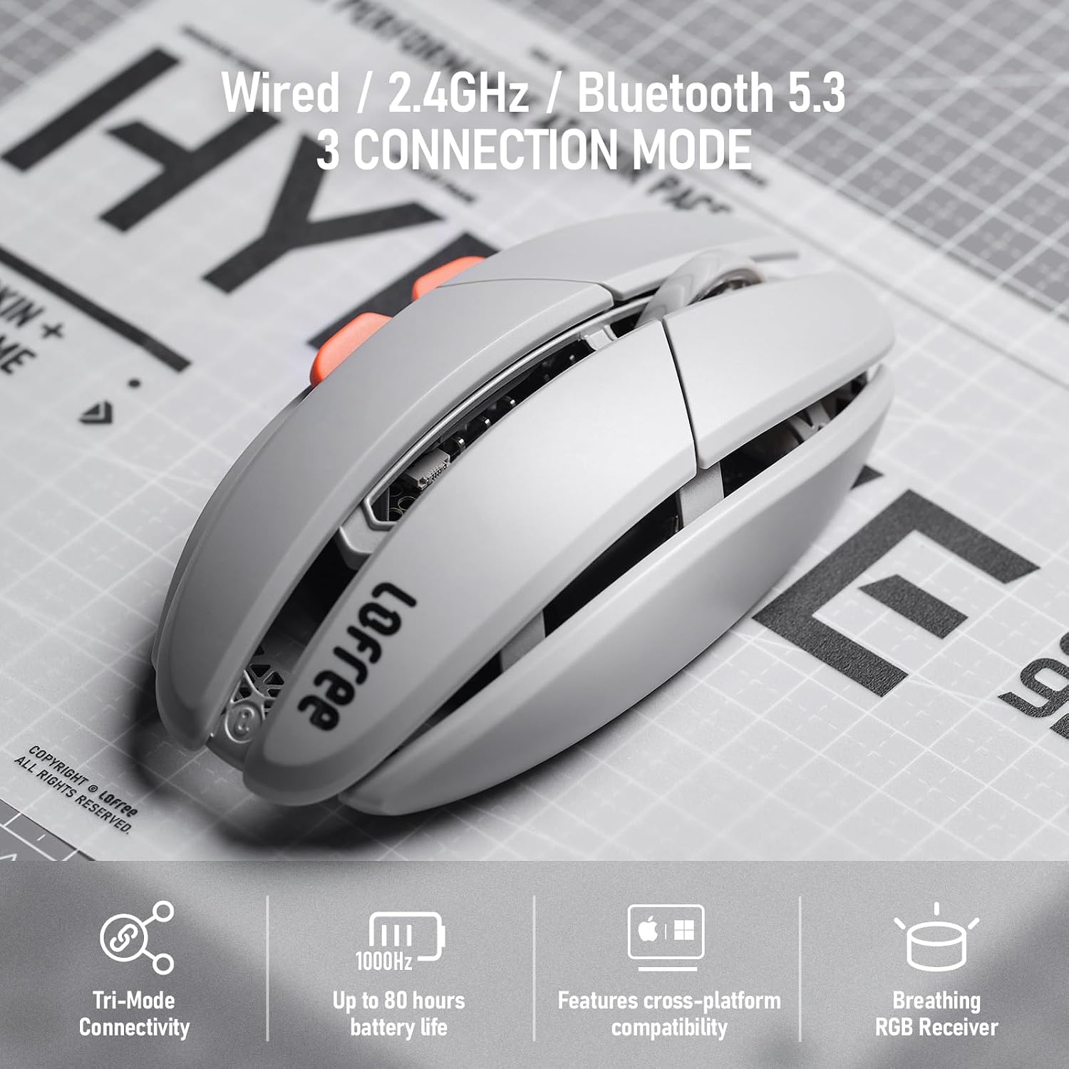 LOFREE Hypace Ultra-Lightweight Wireless Gaming Mouse, 47g, PAW3950 Sensor, 40K DPI, 8K Polling Rate, Mg Alloy Frame, Tri-Mode(Bluetooth/2.4GHz/Wired), 100Hrs Battery for PC/Mac (Ghost)