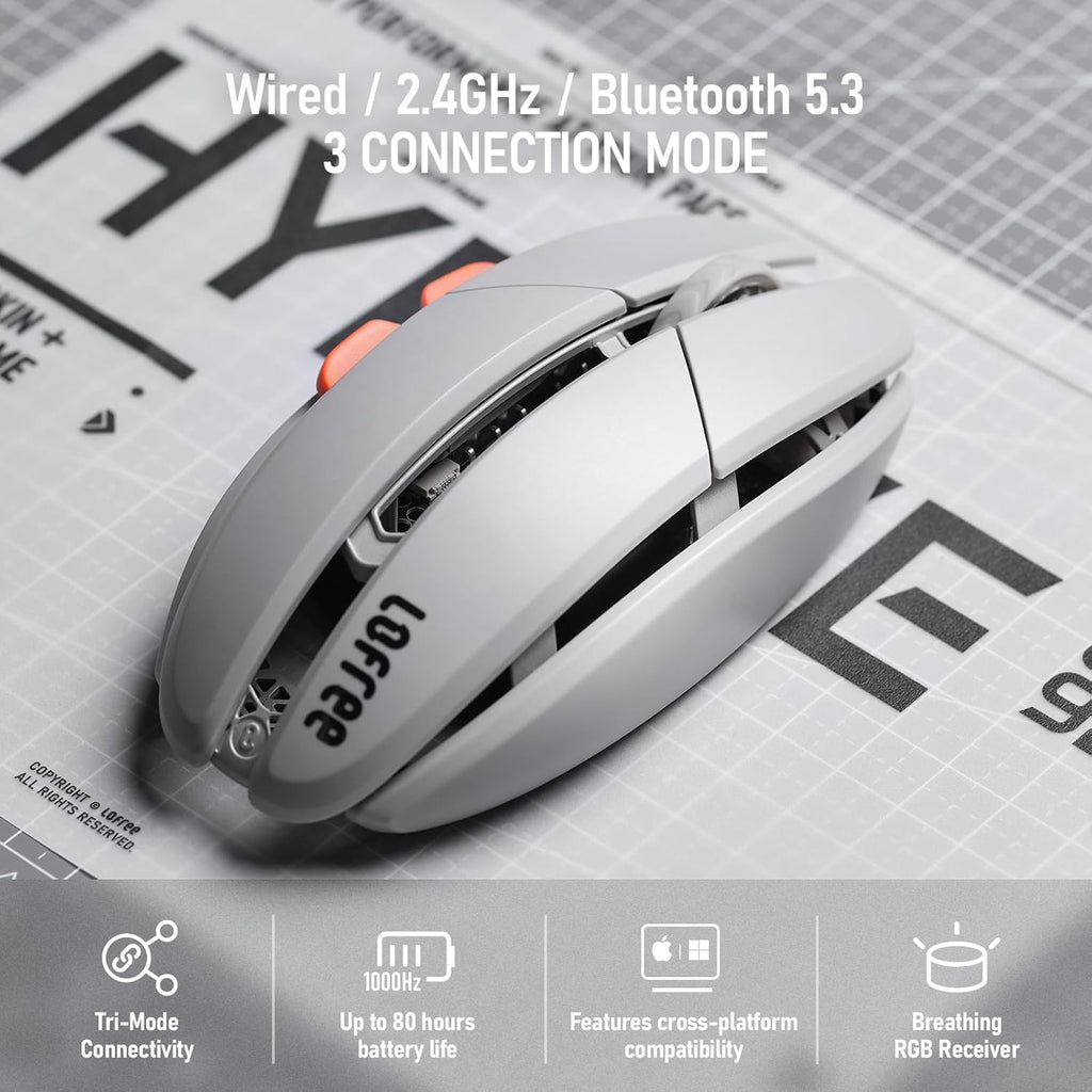 LOFREE Hypace Ultra-Lightweight Wireless Gaming Mouse, 47g, PAW3950 Sensor, 40K DPI, 8K Polling Rate, Mg Alloy Frame, Tri-Mode(Bluetooth/2.4GHz/Wired), 100Hrs Battery for PC/Mac (Crayon Grey)