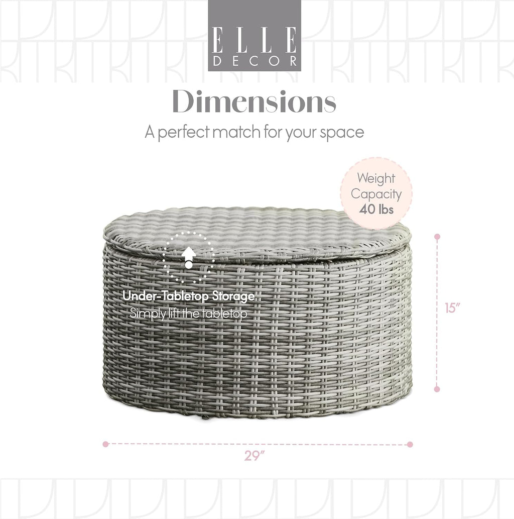 Elle Decor Vallauris Patio Outdoor Furniture Collection, Premium All Weather Wicker, Storage Coffee Table, Gray