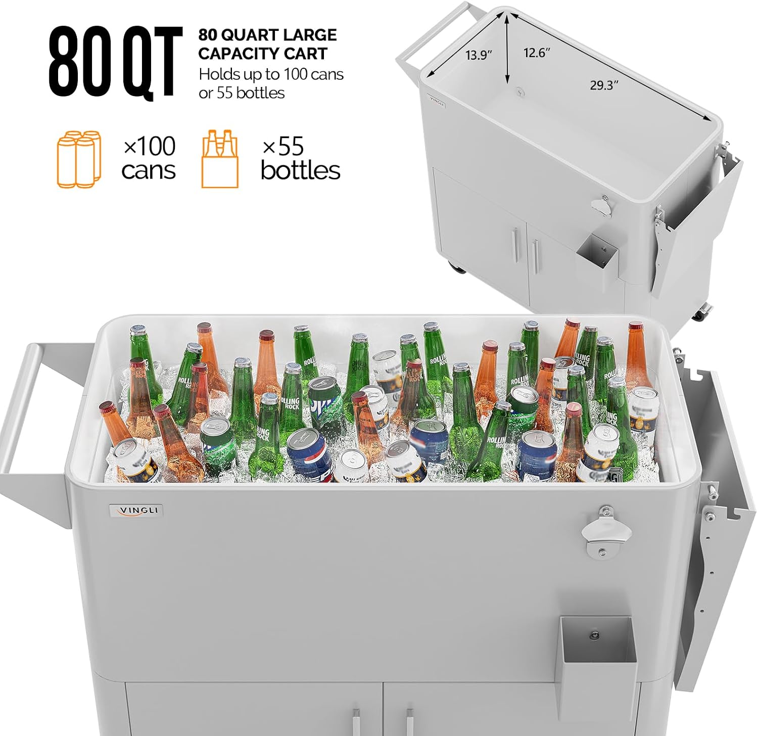 VINGLI Patio Cooler, Ice Chest with Storage Cabinet, Bottle Opener Drainage, Outdoor Cooler for Party, Deck, Pool