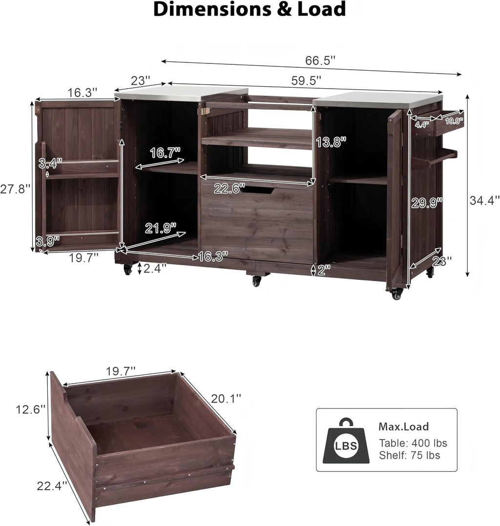 66.5' Large Outdoor Kitchen Island for Big Green Egg Grill, Outdoor Patio Bar Table with Stainless Steel Top and Adjustable Shelf, Rolling Grill Table Cart for Outside, Kitchen, BBQ, Dark Brown