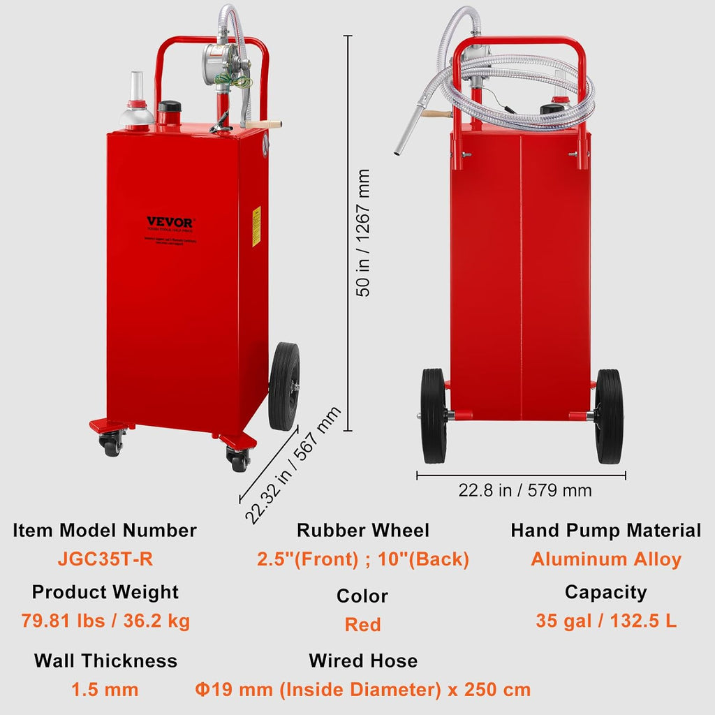 VEVOR Fuel Caddy 35 Gallon, Gas Storage Tank on 4 Wheels, with Manual Transfer Pump, Gasoline Diesel Fuel Container for Cars, Lawn Mowers, ATVs, Boats & More, Red